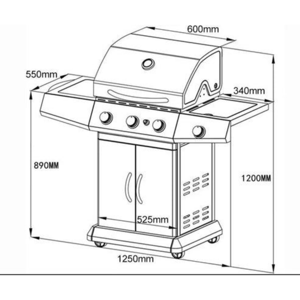 Gas BBQ Grill with Three Burners + Side Stove