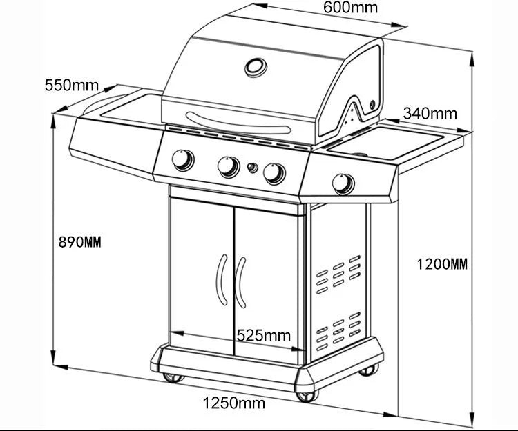 Gas BBQ Grill with Three Burners + Side Stove