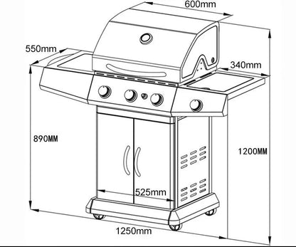 Gas BBQ Grill with Three Burners + Side Stove